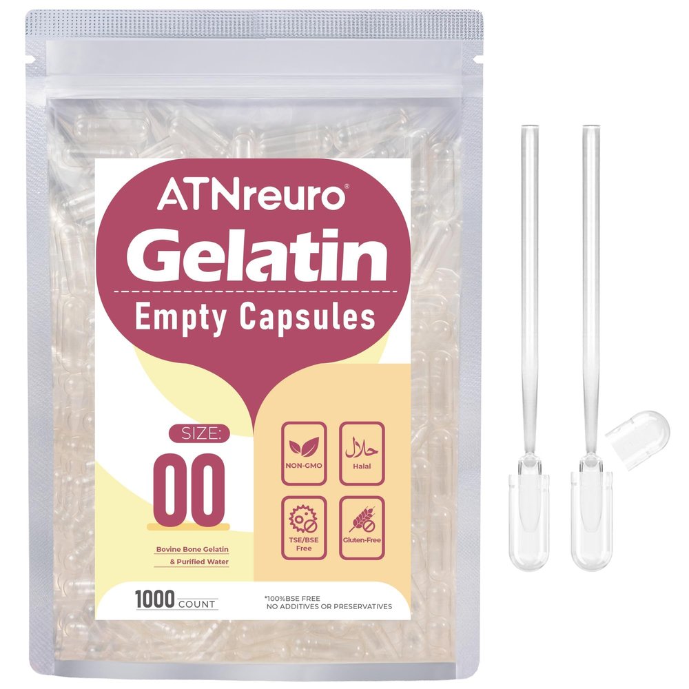 ATNreuro Size 00 Empty Gelatin Capsules with 2 Micro Spoons - 1000 Count Empty Clear Capsule - Gel Pill Capsules for Powders Supplements