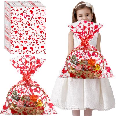 Friends 72 Pcs Valentines Day Cellophane Wrap Bags 24 x 30 Inch Large Plastic Clear Gift Basket Bags Red Heart Sack with Bow Ribbon for Valentines Classroom Prize Gift Exchange(heart)