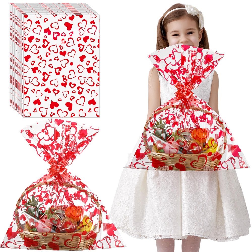 Friends 72 Pcs Valentines Day Cellophane Wrap Bags 24 x 30 Inch Large Plastic Clear Gift Basket Bags Red Heart Sack with Bow Ribbon for Valentines Classroom Prize Gift Exchange(heart)