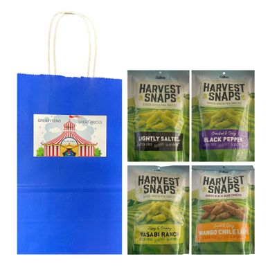 Big Top Deals USA 4-Pack Veggie Chips Bundle Includes Snaps 3oz Bags in Wasabi Ranch, Mango Chile Lime, Lightly Salted, Black Pepper Custom Bundle Blue Paper Gift Bag (5.25x3.2x8 in)