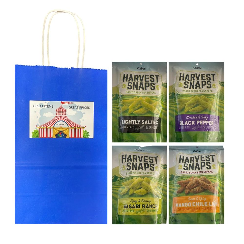 Big Top Deals USA 4-Pack Veggie Chips Bundle Includes Snaps 3oz Bags in Wasabi Ranch, Mango Chile Lime, Lightly Salted, Black Pepper Custom Bundle Blue Paper Gift Bag (5.25x3.2x8 in)