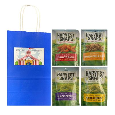 Big Top Deals USA Blue Paper Bag Custom Bundle - Includes Veggie Chips Multipack (4 Bags 3oz Each) Black Pepper, White Cheddar, Tomato Basil, Mango Chile Lime