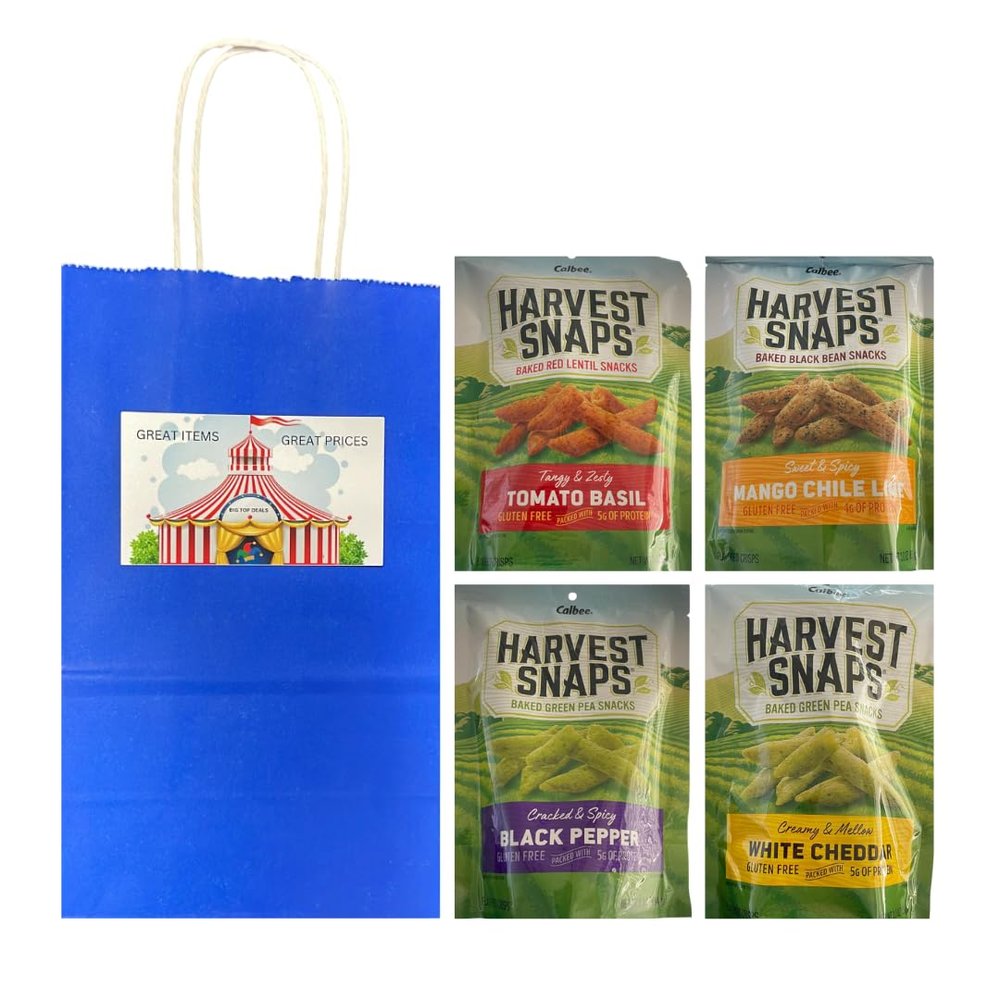 Big Top Deals USA Blue Paper Bag Custom Bundle - Includes Veggie Chips Multipack (4 Bags 3oz Each) Black Pepper, White Cheddar, Tomato Basil, Mango Chile Lime