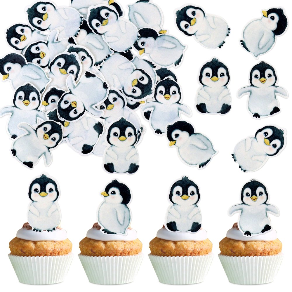 Ercadio 40 PCS Edible Penguin Baby Cupcake Toppers Cute Penguin Cake Picks Christmas Xmas Holiday New Year Holiday Winter Baby Shower Kids Birthday Party Supplies