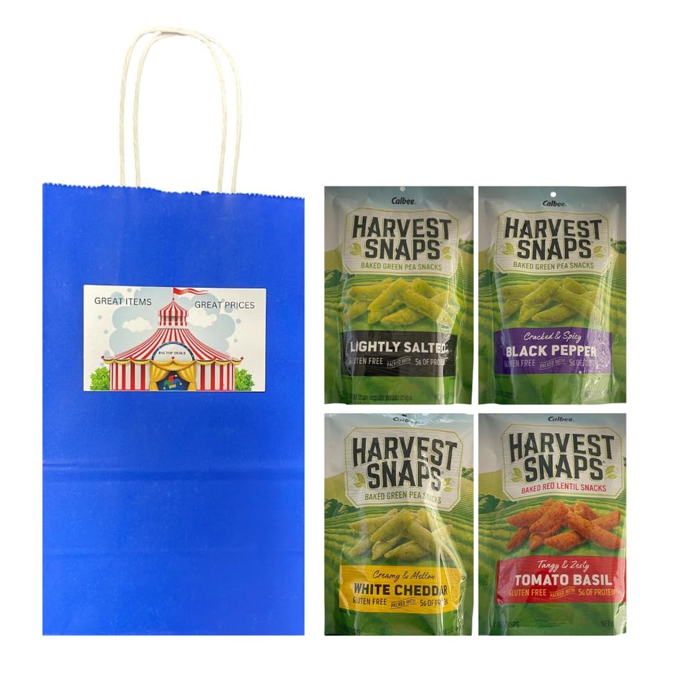 Big Top Deals USA 4-Pack Veggie Chips Snack Bundle Includes Harvest Snaps Flavors (White Cheddar, Tomato Basil, Lightly Salted, Black Pepper) 3oz Bags in Blue Paper Bag