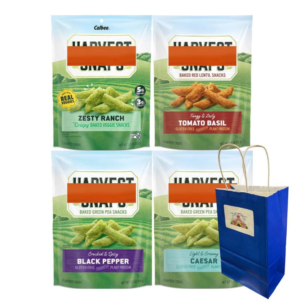 Big Top Deals USA Blue Paper Bag Snack Bundle 4-Pack Veggie Chips Variety (Caesar, Zesty Ranch, Black Pepper, Tomato Basil) Includes Harvest Snaps in 5.25x3.2x8 in Bag