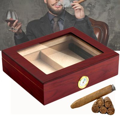 Cedar Wood Cigars Humidor, Cigar Box For 35 Cigars, Glass-Top, Hygrometer, Divider Cigar Humidor, Constant Temperature Cigar Storage Box, Cigar Accessories, Men'S Cigar Gifts,CherryWoodColor