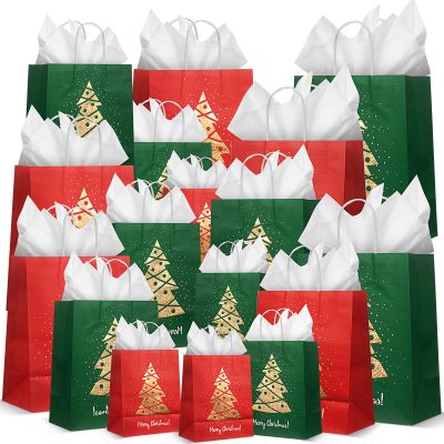 Humyoun 18 Pack Christmas Gift Bags Assorted Sizes with Tissue Paper Red Green Gift Bags with Golden Spot Gloss Xmas Tree (4 Small 6.5" 4 Medium 9.6" 4 Large 13") for Christmas Gifts Wrapping