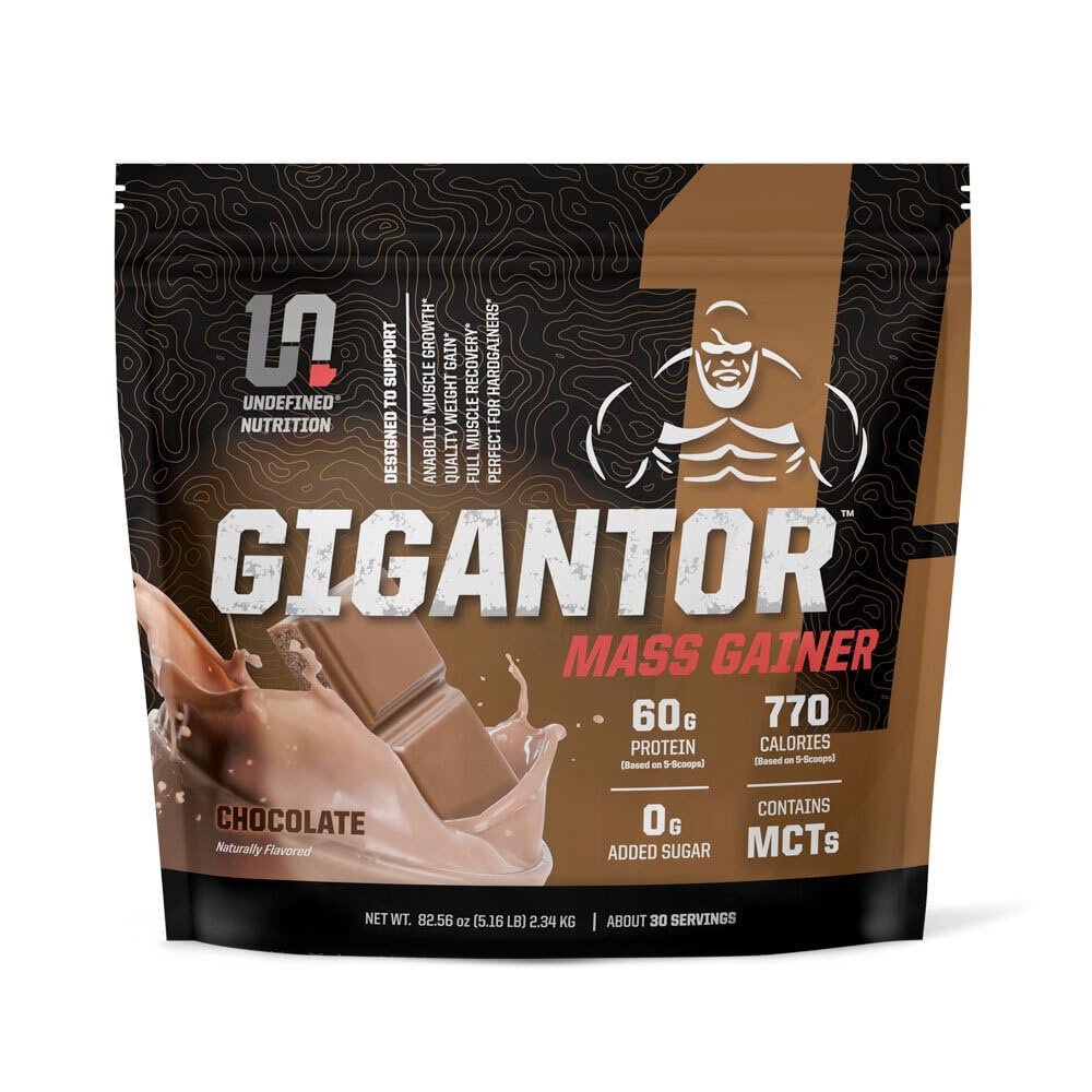 Undefined Nutrition Gigantor Mass Gainer by Brian Shaw (60g Protein, 30 Servings, up to 790 Quality Calories) Hardcore Hard Gainer Formula with 5- Phase Protein Blend (5.16 lbs, Chocolate)