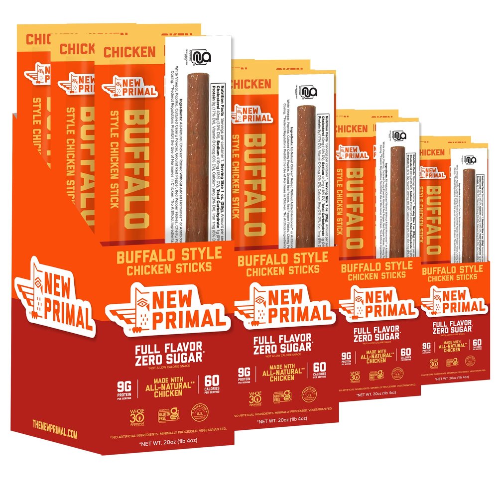 New Primal Buffalo Chicken Sticks, Keto, Gluten Free Healthy Snacks, Sugar Free Low Carb High Protein, Jerky Meat Stick, 9g Protein, 80 Pack