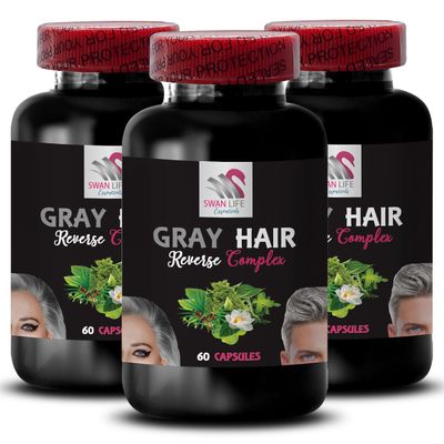 Biotin - GRAY HAIR REVERSE - Color vitality, Radiant hair, Fresh tone, Hair transformation, Age-defying hair, Glossy hair, Hair revitalizer, Hair brilliance, Lush hair 3 Bottles 180 Capsules