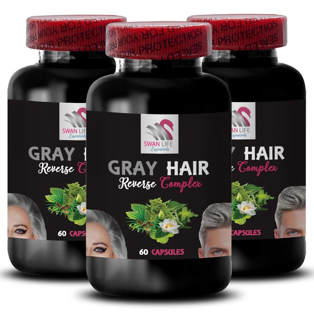 Biotin - GRAY HAIR REVERSE - Color vitality, Radiant hair, Fresh tone, Hair transformation, Age-defying hair, Glossy hair, Hair revitalizer, Hair brilliance, Lush hair 3 Bottles 180 Capsules