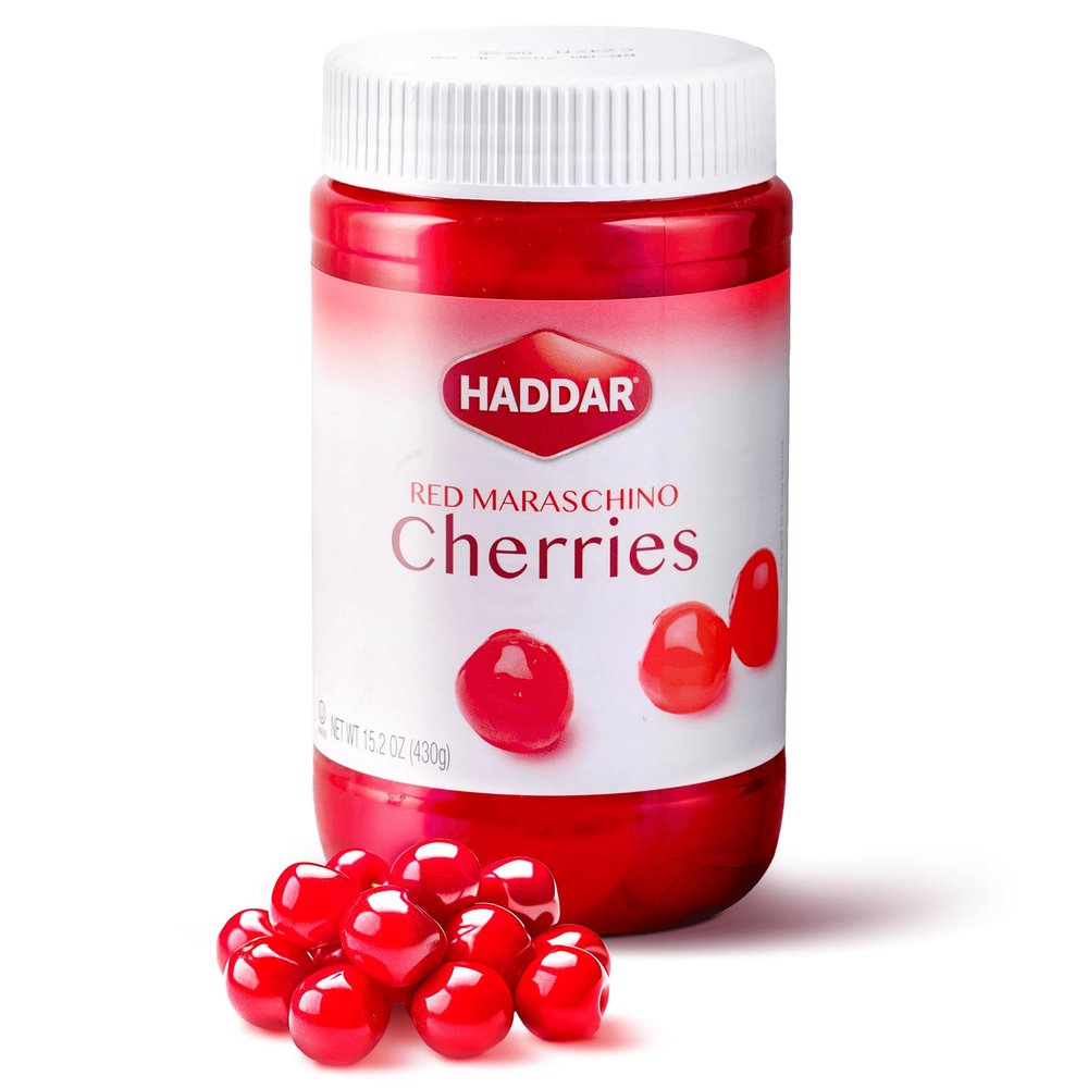Haddar Red Maraschino Cherries, 15.2 oz | Old Fashioned Cocktail Cherries | Sweet & Vibrant Cherries for Dessert Garnish, Baking, Drinks