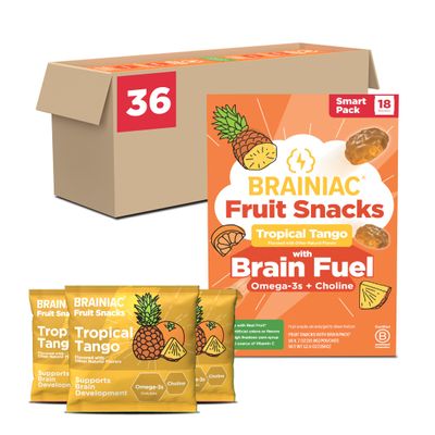 Brainiac Fruit Snacks, Tropical Tango, Brain Boosting Patented BrainPack Ingredients with Omega-3s DHA/EPA and Choline, Functional and Nutritious Snacks, 36ct