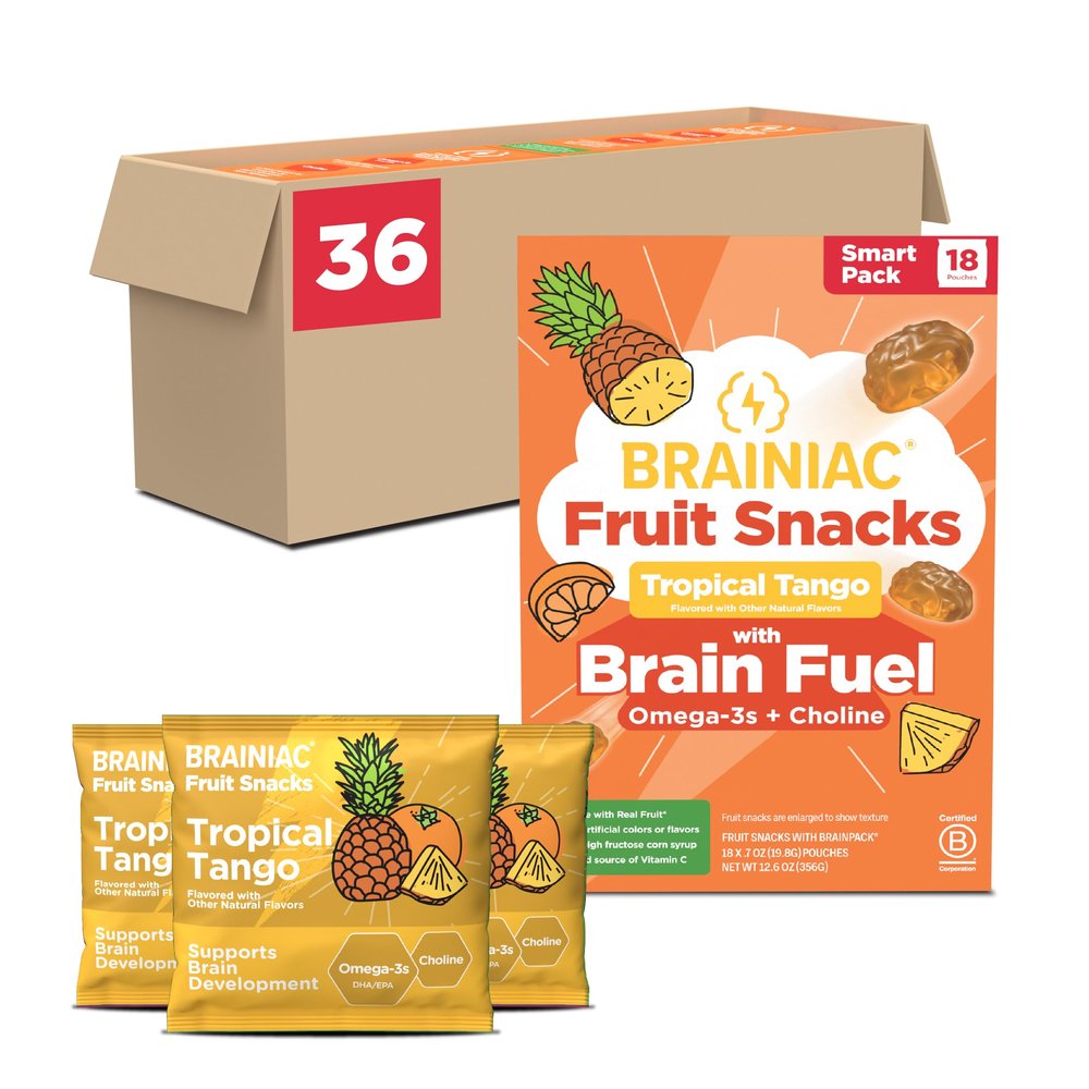 Brainiac Fruit Snacks, Tropical Tango, Brain Boosting Patented BrainPack Ingredients with Omega-3s DHA/EPA and Choline, Functional and Nutritious Snacks, 36ct