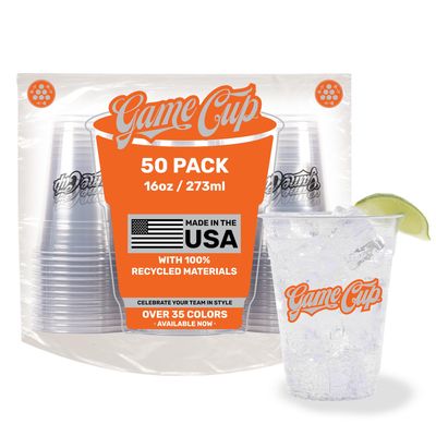 Game Cup 16oz Clear Plastic Cups (50 Pack) Made in the USA from Recycled PET Plastic | 100% Recyclable Clear Disposable Plastic Cups for Party, Tailgating, Game Day & More - Orange & Silver