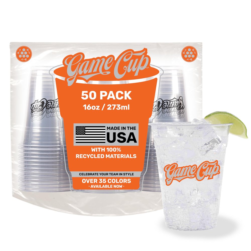 Game Cup 16oz Clear Plastic Cups (50 Pack) Made in the USA from Recycled PET Plastic | 100% Recyclable Clear Disposable Plastic Cups for Party, Tailgating, Game Day & More - Orange & Silver