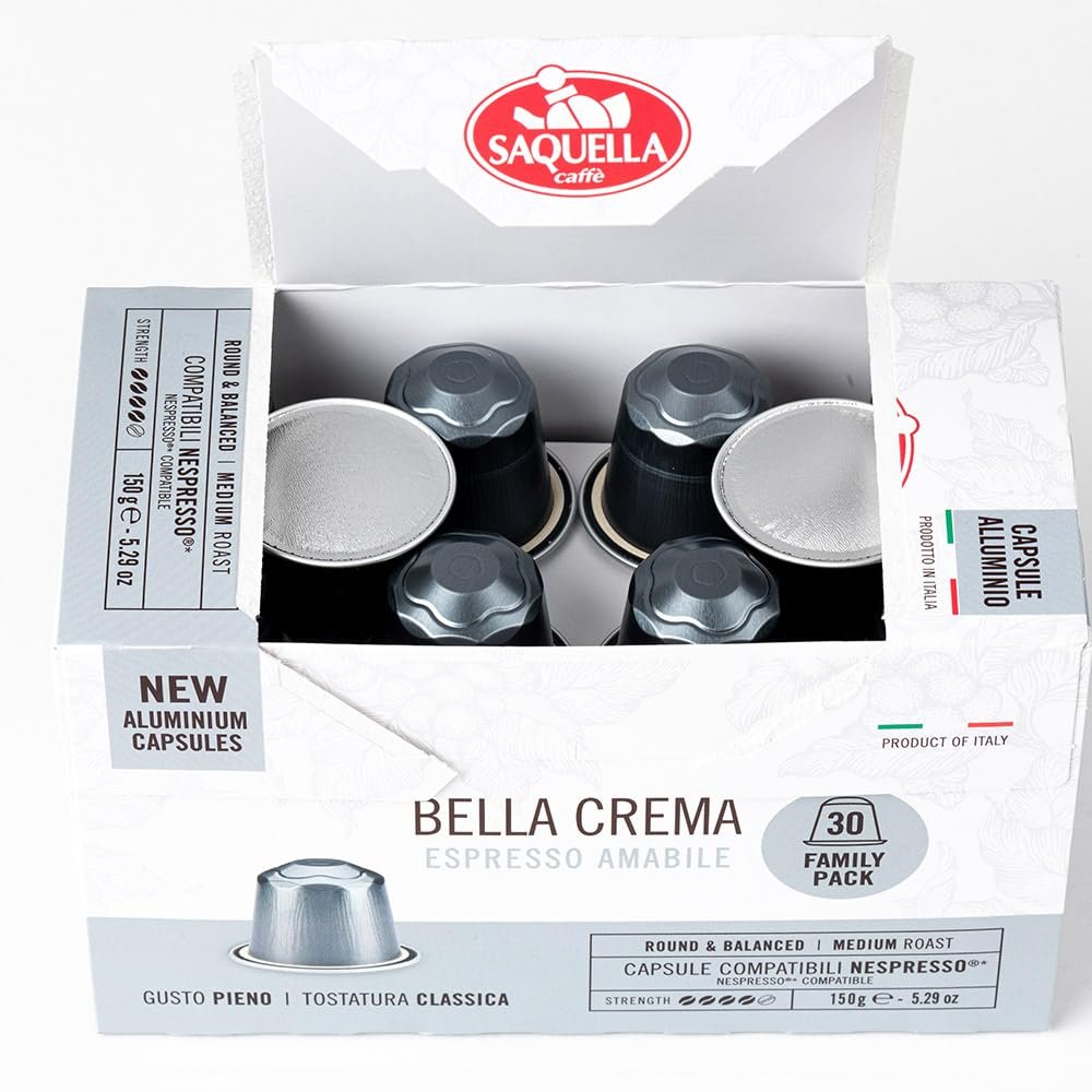 Saquella Bella Crema Dark Roast Coffee Capsules - Italian Coffee for Nespresso Compatible Machines - 30 Count (5.29 oz)