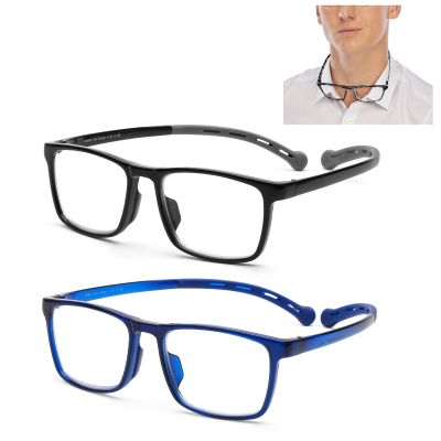 AQWANO 2 Pack Sports Style Reading Glasses for Women Men Neck Hanging Computer Blue Light Block Durable Flexible TR90 Ultra-light Readers Anti Glare UV400 Lens, 1.5