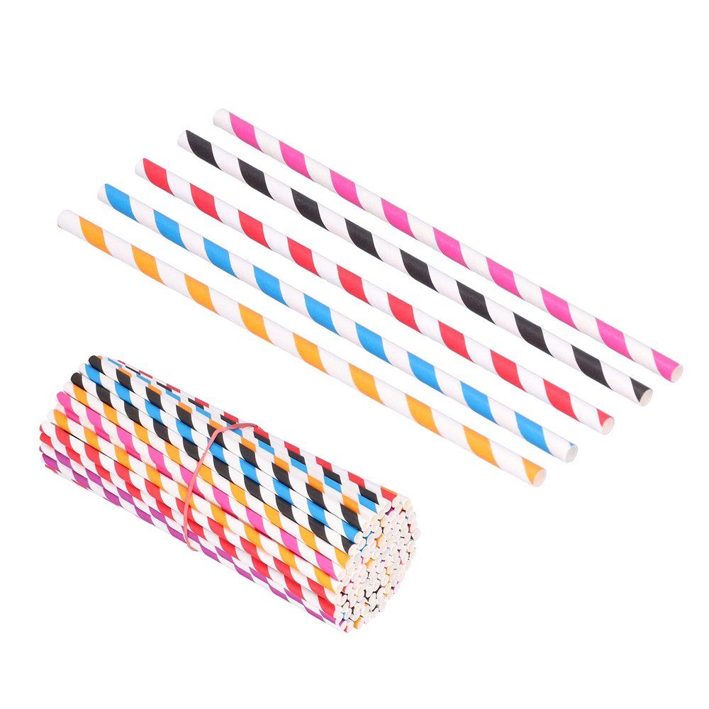 100pcs Disposable Drinking Straws Rainbow Striped EcoFriendly Paper Straws