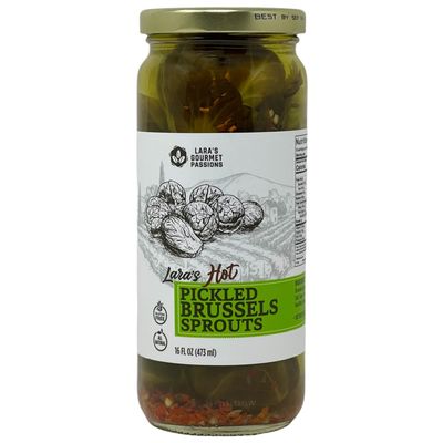 Lara's Pickled Brussels Sprouts Premium 16oz Jar, Perfect for Bloody Marys, Relish Trays & Snacking Made in the USA, All-Natural, Gluten-Free, Vegan (Hot)