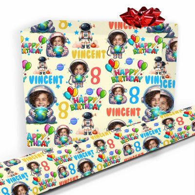 Faroishta Custom Birthday Wrapping Paper Roll with Age Personalized Wrapping Paper with Photo Glitter Astronaut Pattern, Custom Gift Packing Paper Gift Tissue Paper for Son Grandson Friend 58"x 23"