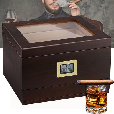 Cigar Humidor, Cedar Wood Humidor With Hygrometer, Humidifier And Glass Window, Drawer Design, Cigar Accessories, Men'S Cigar Gifts, Holds 50-60 Cigars