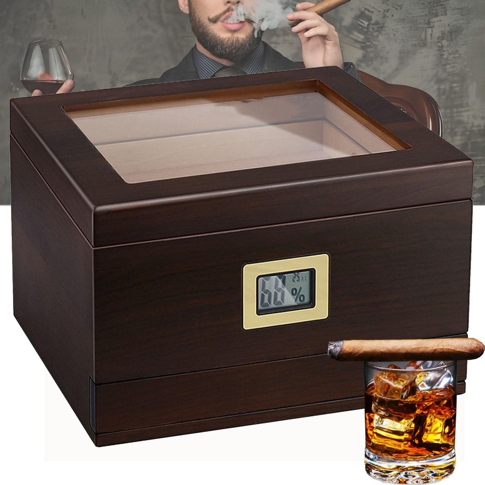 Cigar Humidor, Cedar Wood Humidor With Hygrometer, Humidifier And Glass Window, Drawer Design, Cigar Accessories, Men'S Cigar Gifts, Holds 50-60 Cigars