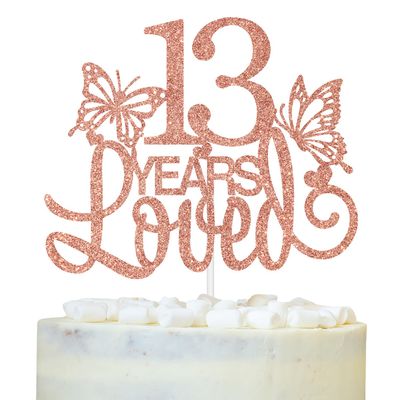 13 Years Loved Cake Topper, Happy 13th Birthday Cake Decorations, Level 13 Unlocked/Cheers to 13 Years Cake Decor, Butterfly Theme 13 Years Old Birthday Party Decoration Supplies, Rose Gold Glitter