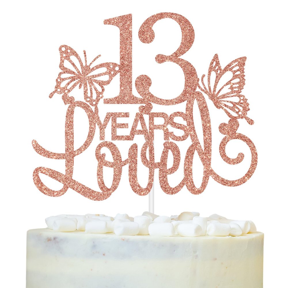 13 Years Loved Cake Topper, Happy 13th Birthday Cake Decorations, Level 13 Unlocked/Cheers to 13 Years Cake Decor, Butterfly Theme 13 Years Old Birthday Party Decoration Supplies, Rose Gold Glitter
