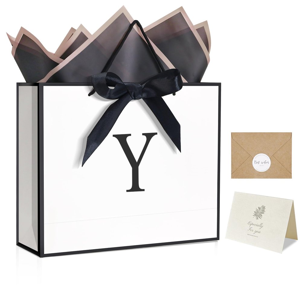 QLSKO Monogrammed Gift Wrap Bag Personalized Initial Paper Bag with Card Matching Envelope Sticker,Bow Ribbon and Wrapping Tissue Birthday Gifts for Women Men (White, Y-Medium)