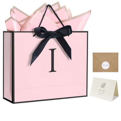 QLSKO Personalized Initial Paper Bag for Women Grils,Monogrammed Gift Bag with Bow Ribbon,Wrapping Tissue and Card Matching Envelope Sticker (Pink, I-Medium)
