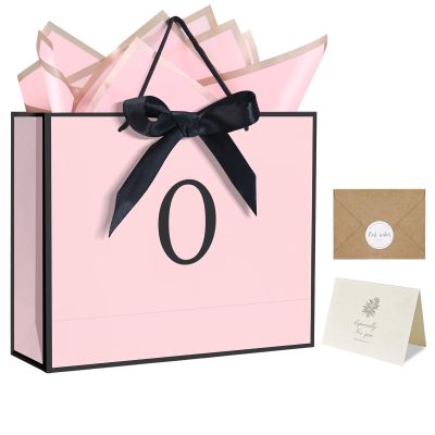 QLSKO Personalized Initial Paper Bag for Women Grils,Monogrammed Gift Bag with Bow Ribbon,Wrapping Tissue and Card Matching Envelope Sticker (Pink, O-Medium)