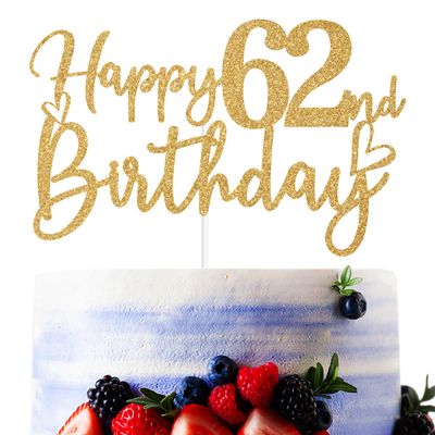 Gold Glitter Happy 62nd Birthday Cake Topper, Cheers to 62 Years/62 Years Loved & Blessed, Funny 62nd Birthday Party Decorations Supplies