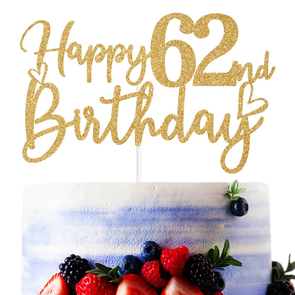 Gold Glitter Happy 62nd Birthday Cake Topper, Cheers to 62 Years/62 Years Loved & Blessed, Funny 62nd Birthday Party Decorations Supplies