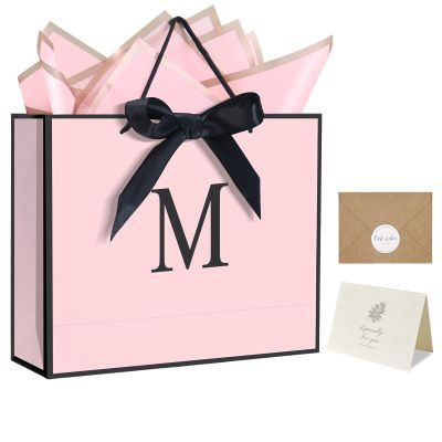 QLSKO Personalized Initial Paper Bag for Women Grils,Monogrammed Gift Bag with Bow Ribbon,Wrapping Tissue and Card Matching Envelope Sticker (Pink, M-Medium)