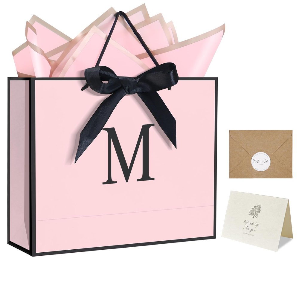 QLSKO Personalized Initial Paper Bag for Women Grils,Monogrammed Gift Bag with Bow Ribbon,Wrapping Tissue and Card Matching Envelope Sticker (Pink, M-Medium)