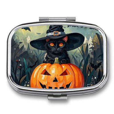 Portable Medicine Box, Black Cat Witch Print Printed Mini Rectangle Pill Case Pocket Medicine Box Pill Container Travel Jewelry Box Pill Holder Portable Vitamin Storage Box