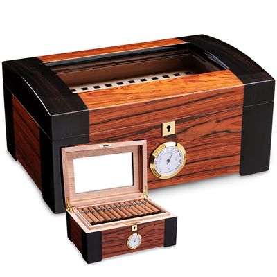 Cedar Wood Cigar Box, Cigar Humidor, with Hygrometer and Humidifier,Transparent Glass Cover and Safety Lock,Hold Up 100 Cigars, Gift for Cigar Lover