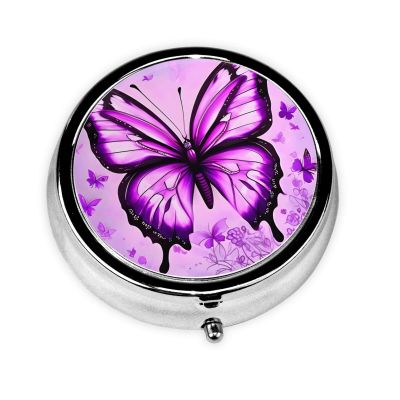 WHJYYXDE Round Pill Box 2.0x2.0x0.7 in Mini Travel Medicine Pill Organizer Box for Travel, Light to Carry Purple Butterfly Printing