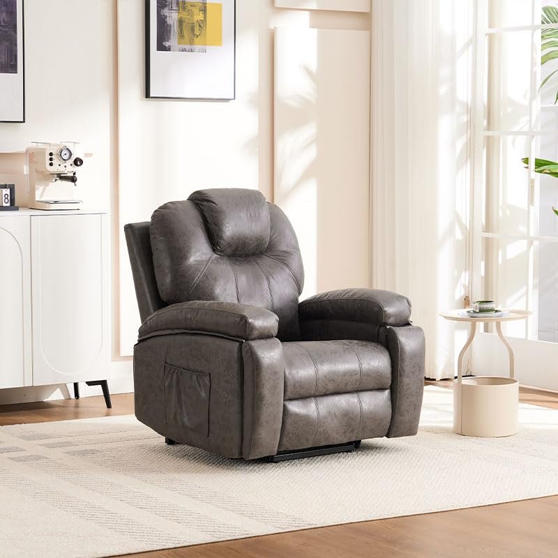 Beuiosda Gray Electric Power Lift Recliner Chair Sofa with Massage and Heat for Elderly, 2 Side Pockets, Cup Holders, USB Ports, Faux Leather