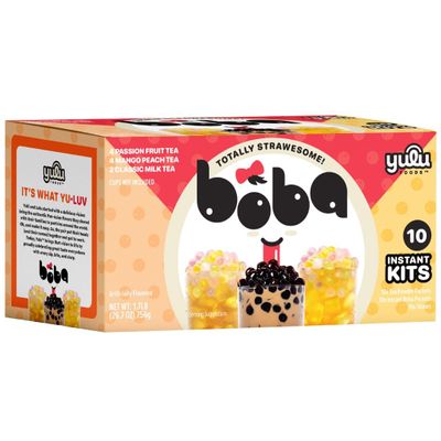 Boba Bundle Kit 10 Serv. Instant Bubble Pearl Variety Milk Tea Kit with Authentic Brown Sugar Tapioca Pearls by Yulu Foods - Ready in Under 1 Minute, Includes Paper Straws - Gift Box, Holiday (Classic, Mango Peach, Passionfruit)