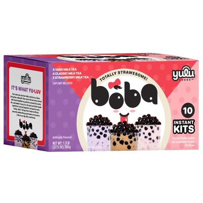 Boba Bundle Kit 10 Serv. Instant Bubble Pearl Variety Milk Tea Kit with Authentic Brown Sugar Tapioca Pearls by Yulu Foods - Ready in Under 1 Minute, Includes Paper Straws - Gift Box, Holiday (Classic, Taro and Strawberry)