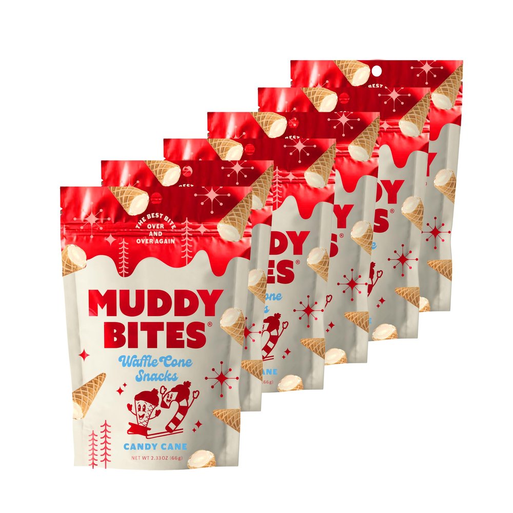 Muddy Bites Waffle Cone Snacks Bite Sized Chocolate Filled Waffle Cones for Snack or Dessert, Candy Cane, Made with Cane Sugar, Non-GMO, Kosher (Candy Cane, 6 Bags)