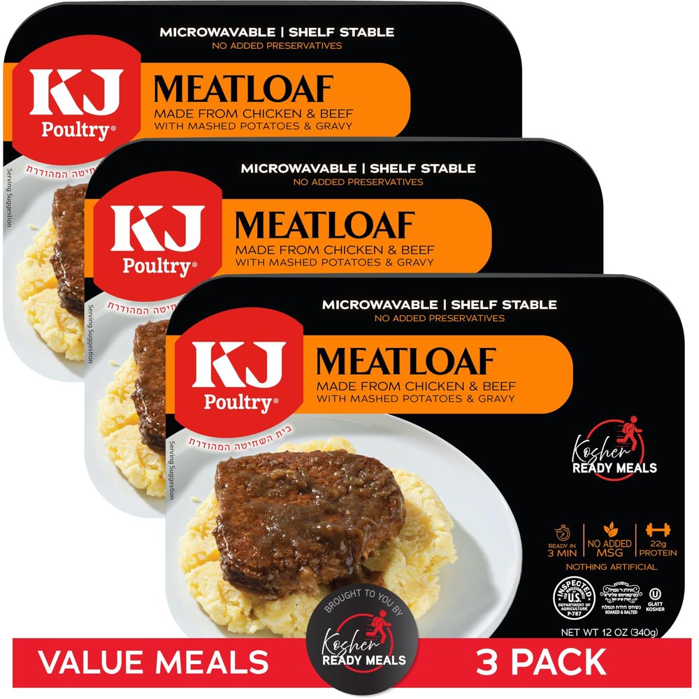 KJ Poultry Kosher Ready Meals - Meatloaf & Mashed Potato, MRE Meals Ready to Eat (3 Pack) Prepared Entree Fully Cooked, Shelf Stable Microwave Dinner Travel, Military, Camping, Emergency Survival