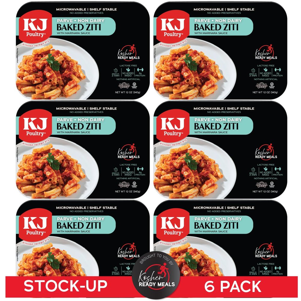 KJ Poultry Kosher Parve Ready Meals - Baked Ziti, MRE Meals Ready to Eat, Halal, (6 Pack) Prepared Entree Fully Cooked, Shelf Stable Microwave Dinner Travel, Military, Camping, Emergency Survival
