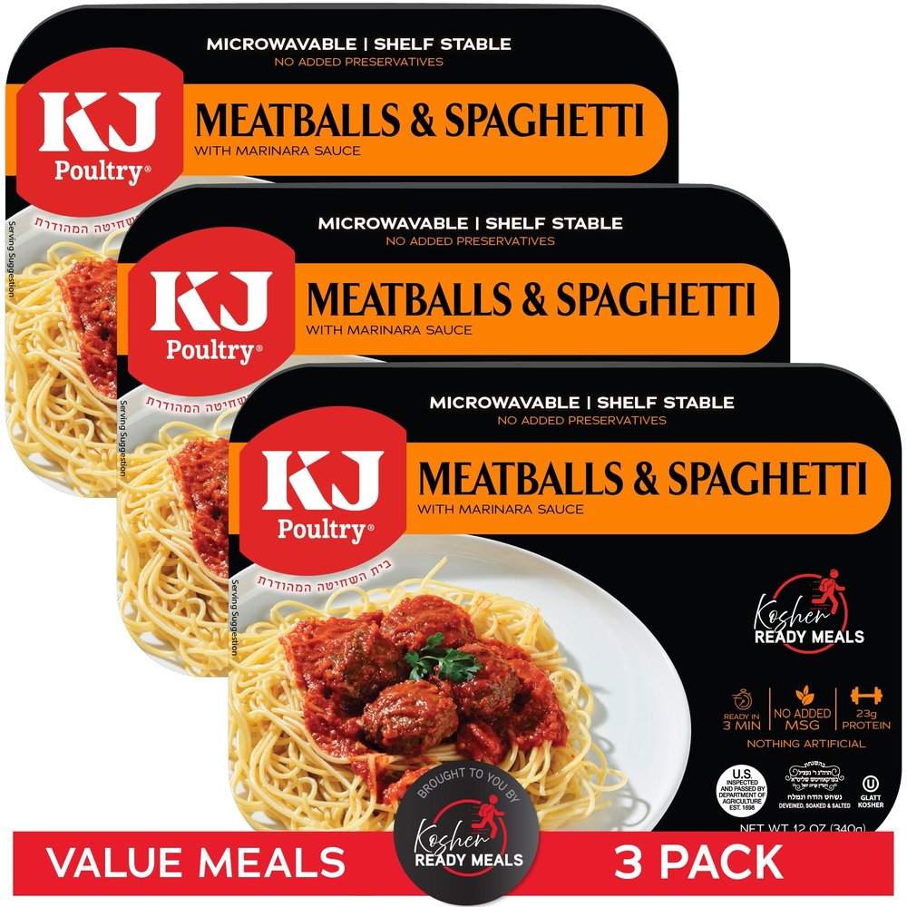 KJ Poultry Kosher Ready Meals - Spaghetti & Meatballs, MRE Meals Ready to Eat (3 Pack) Prepared Entree Fully Cooked, Shelf Stable Microwave Dinner Travel, Military, Camping, Emergency Survival