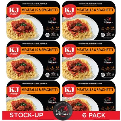 KJ Poultry Kosher Ready Meals - Spaghetti & Meatballs, MRE Meals Ready to Eat (6 Pack) Prepared Entree Fully Cooked, Shelf Stable Microwave Dinner Travel, Military, Camping, Emergency Survival