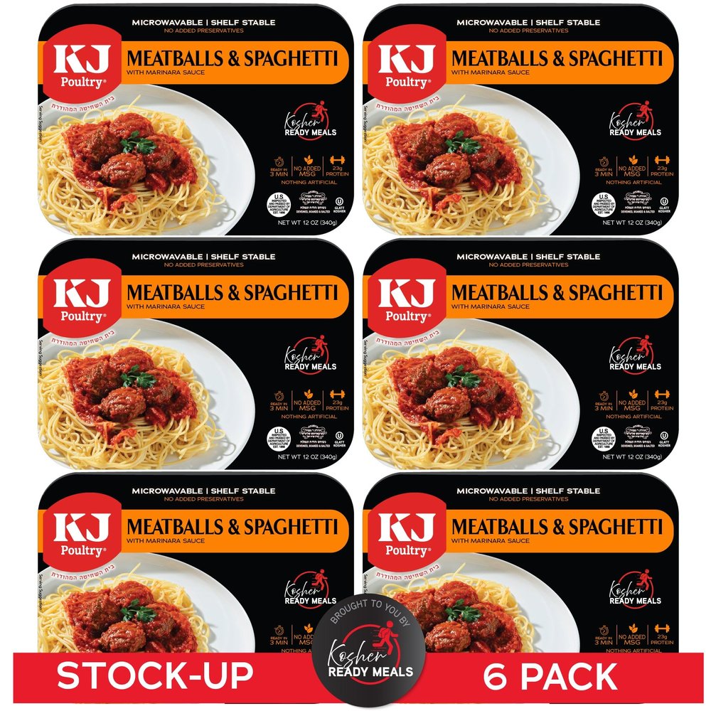 KJ Poultry Kosher Ready Meals - Spaghetti & Meatballs, MRE Meals Ready to Eat (6 Pack) Prepared Entree Fully Cooked, Shelf Stable Microwave Dinner Travel, Military, Camping, Emergency Survival