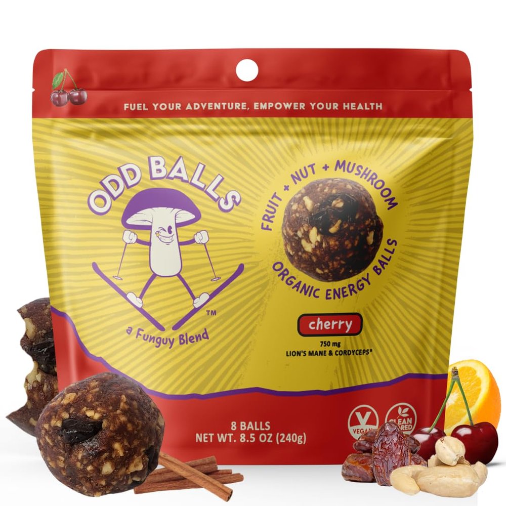 ODD BALLS Organic Energy Balls Cherry - Superfood Mushroom Snack - Running, Cycling, Hiking - Gels, Bars Alternative - Lion's Mane Focus, Cordyceps Energy - Vegan, Gluten Free Snacks for Kids & Adults (8.5 oz, Cherry)